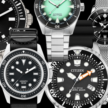 A collage of the best modern dive watches, including models from Tudor, Unimatic, Citizen and others