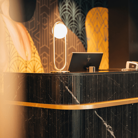 a hotel lobby and check-in desk