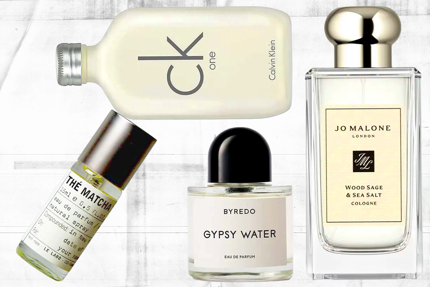Collage of four unisex colognes on textured white background