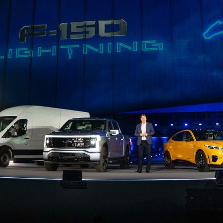 Ford CEO Jim Farley reveals the F-150 Lightning at Ford World Headquarters in Dearborn, Michigan, in 2021.