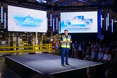 Ford CEO Jim Farley announcing the new Universal EV Platform and Universal EV Production System on Monday, August 11, 2025