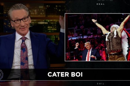 Bill Maher with a graphic of a Donald Trump rally behind him