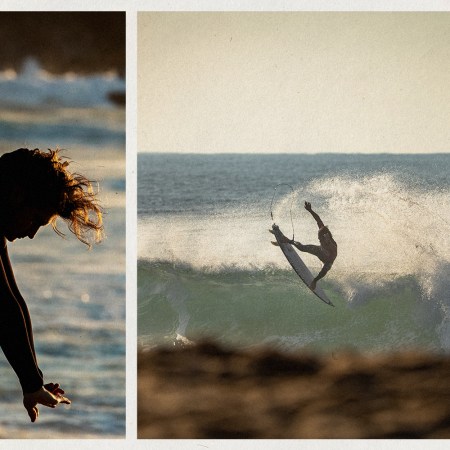 A split image with a man stretching at the beach on the left and a man catching a wave on the right.