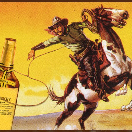 an illustration of a cowboy on a horse lassoing a bottle of whiskey