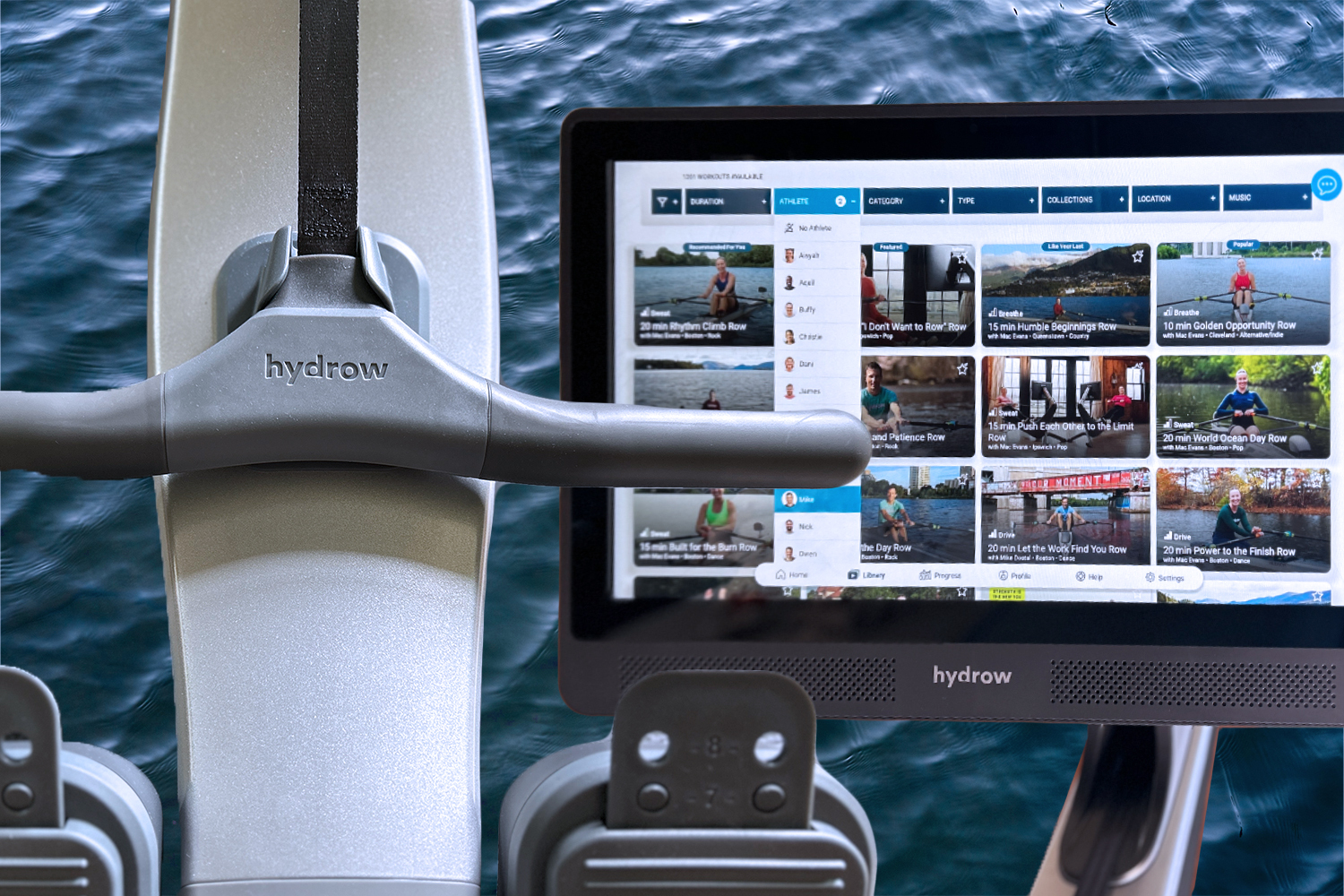 The handle on the Hydro Pro Rower [left] and the attached screen [right], with a background of water