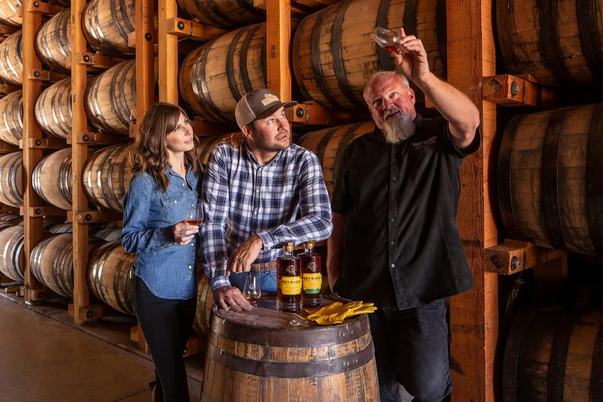 Ashley Frey, Colby Frey and distiller Russell Wedlake of Frey Ranch