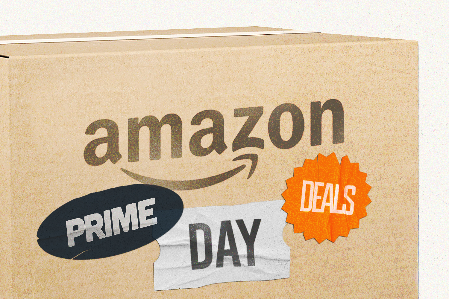 an amazon box with stickers that spell out prime day deals