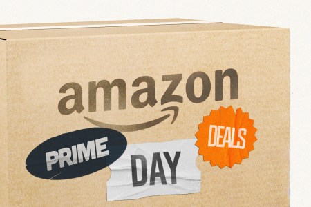 an amazon box with stickers that spell out prime day deals