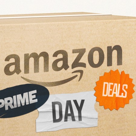 an amazon box with stickers that spell out prime day deals