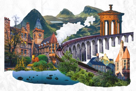 an illustration of different landmarks and a train in scotland