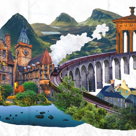 an illustration of different landmarks and a train in scotland