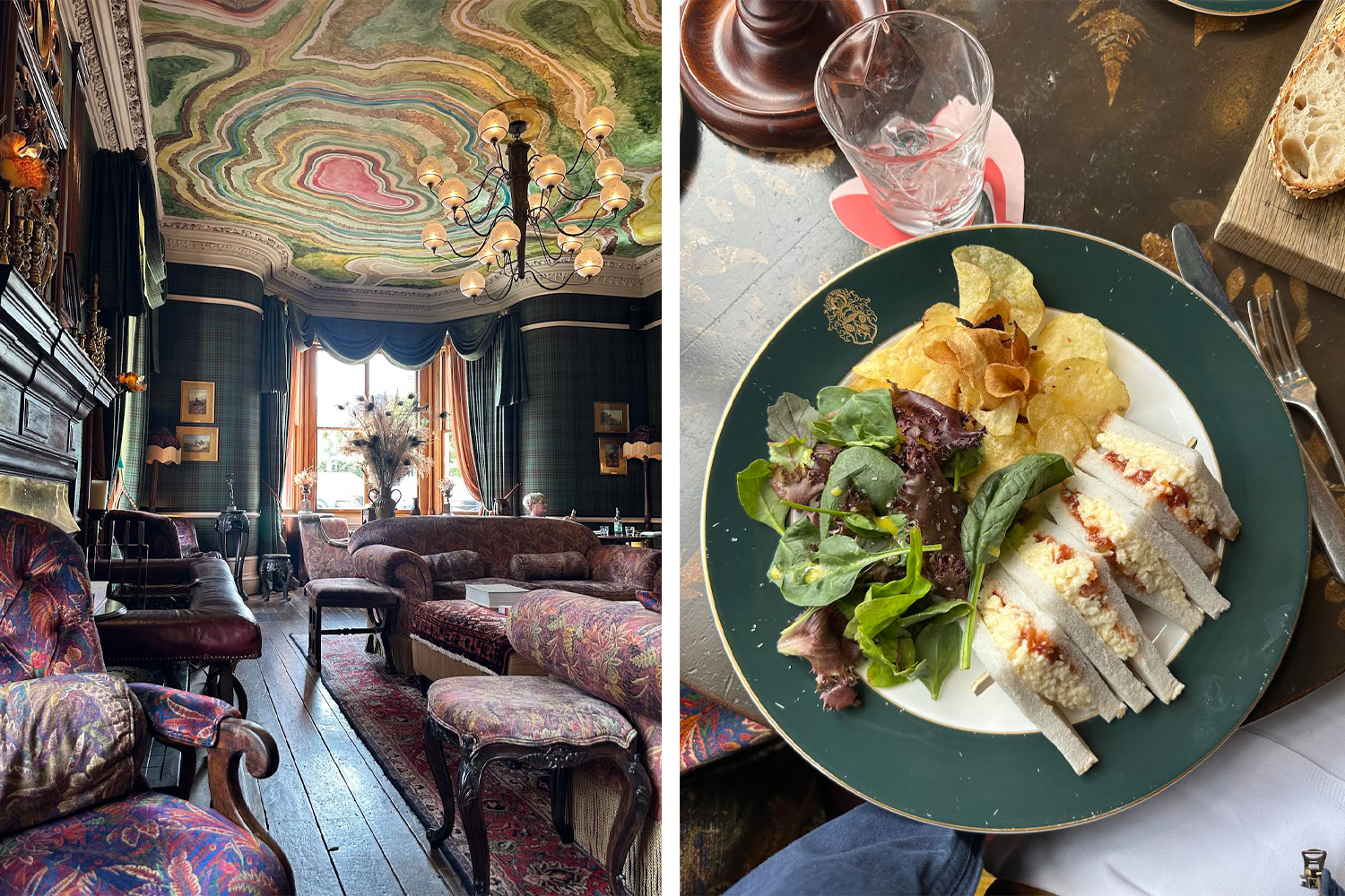 The drawing room at Fife Arms; Arran cheddar and tomato chutney sandwich