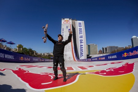 Sandro Dias after skating down the side of a building