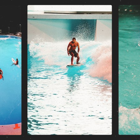 A triptych of people surfing at a wave pool.