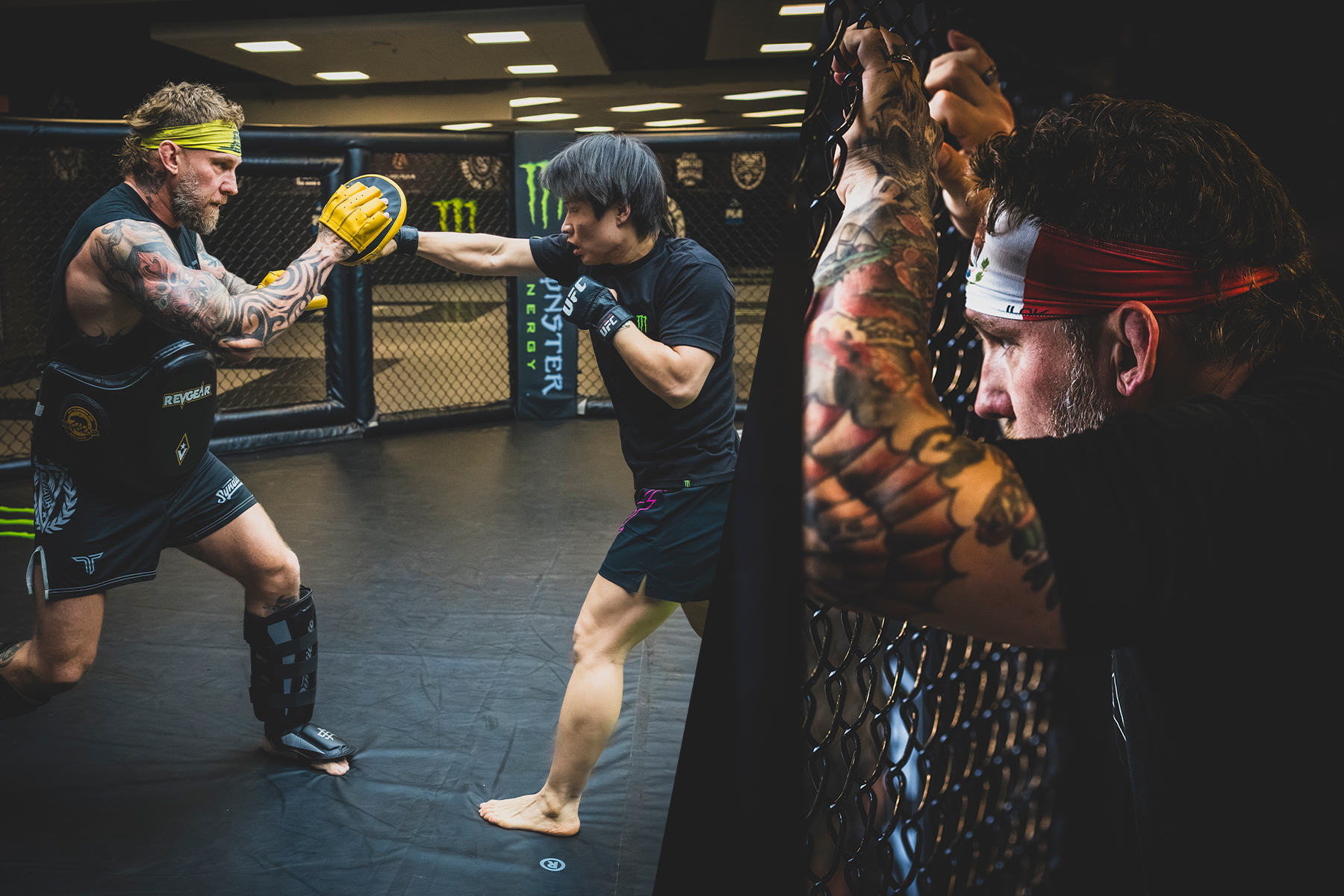 Left: An MMA coach wearing focus mitts and pads spars with a fighter in the cage. Right: A coach leans up against the cage watching his fighters.