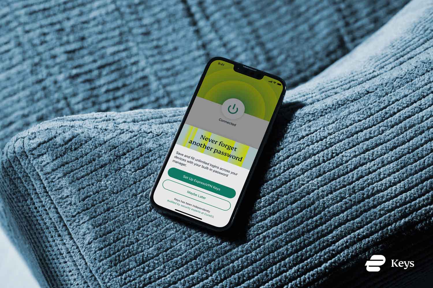 ExpressVPN password maanger on a phone, on top of a couch