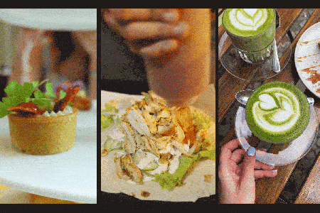 Three videos of food being served, taken from the restaurant-rating app Beli