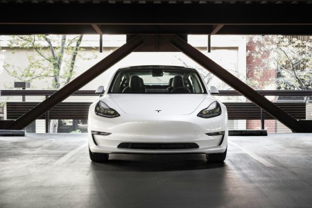 Tesla vehicle in garage