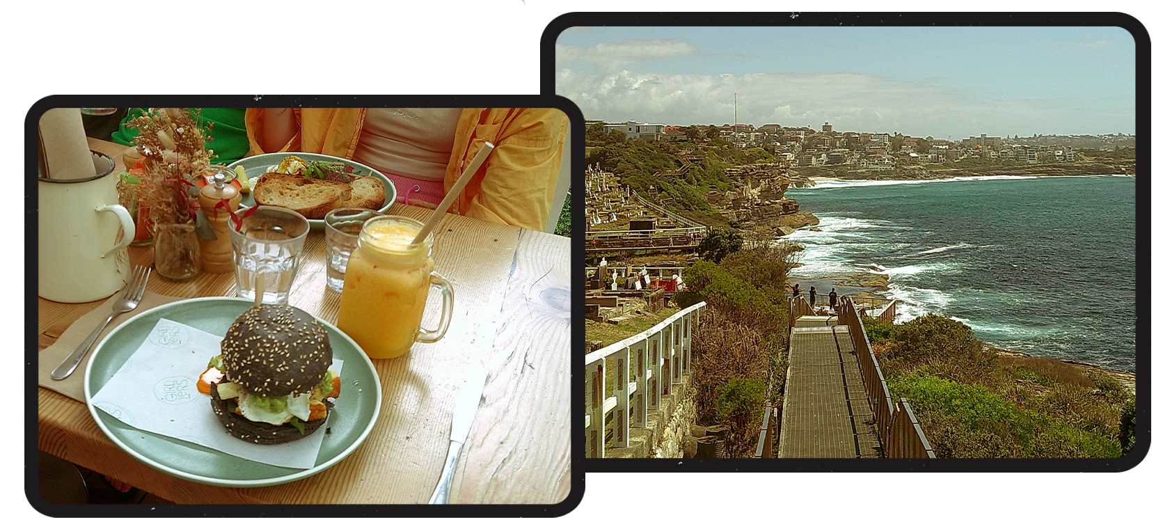 A halloum burger at a brekkie cafe. A view of the Bondi to Coogee Path.