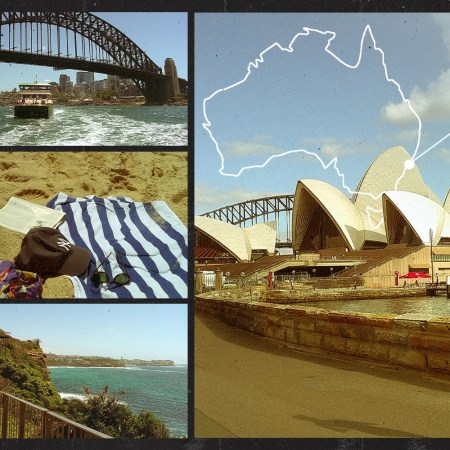 Runner in Sydney, Australia with illustrated map overlay and scenic city views.