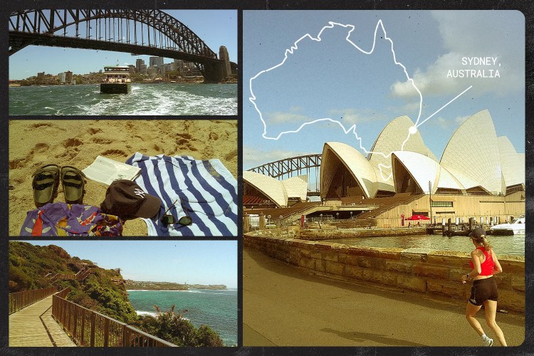 Runner in Sydney, Australia with illustrated map overlay and scenic city views.