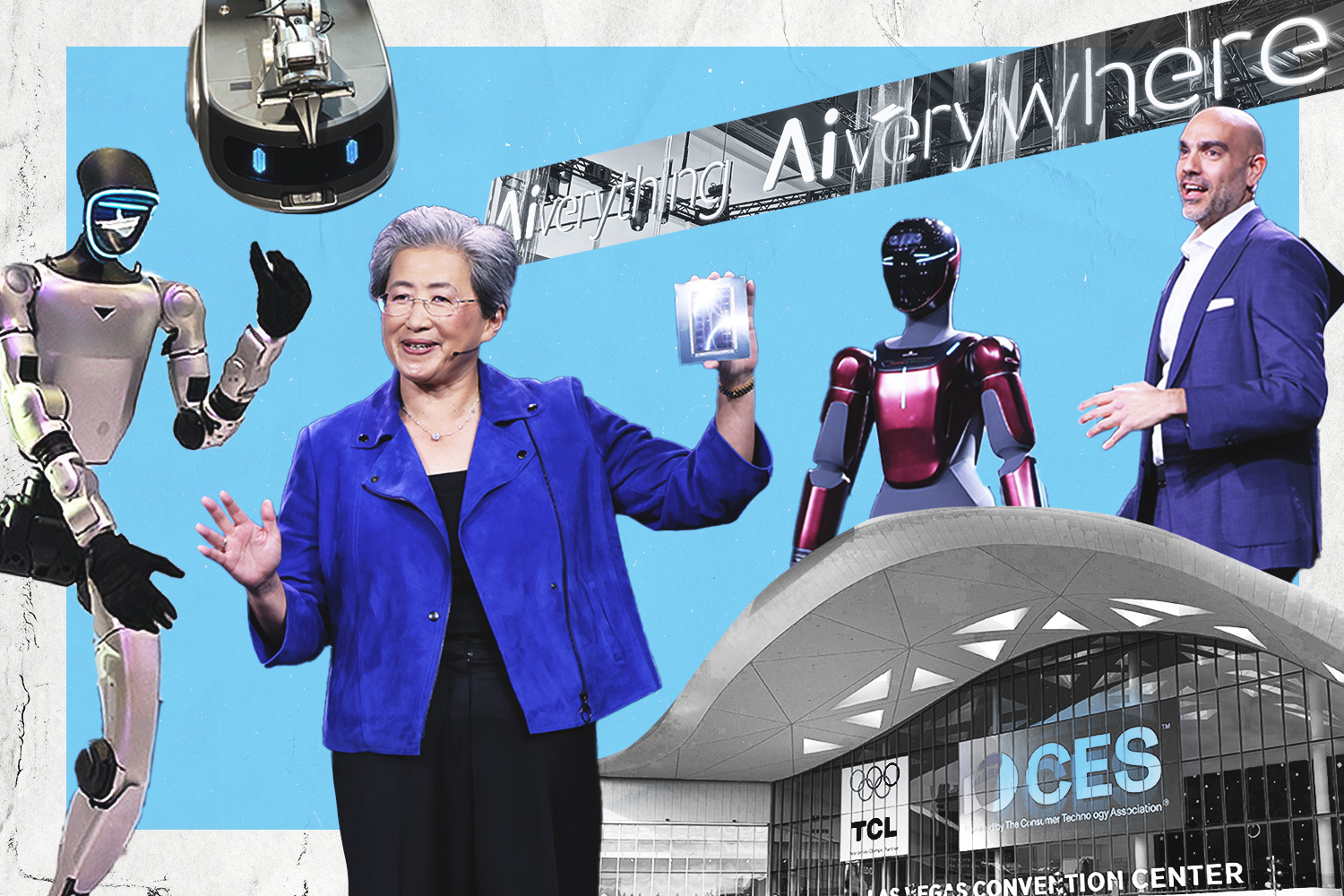 A collage of photos from CES 2026, including dancing robots, laundry robots and the main sign at the Las Vegas Convention Center