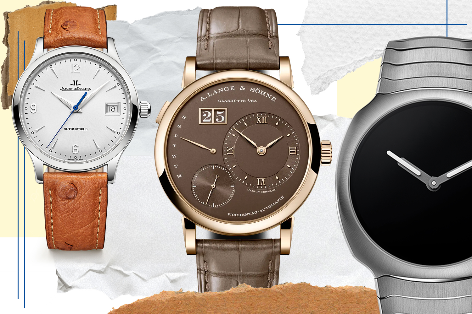 A collage of three of the best new watches from December 2025, including pieces from Jaeger-LeCoultre, A. Lange & Söhne, and H. Moser & Cie