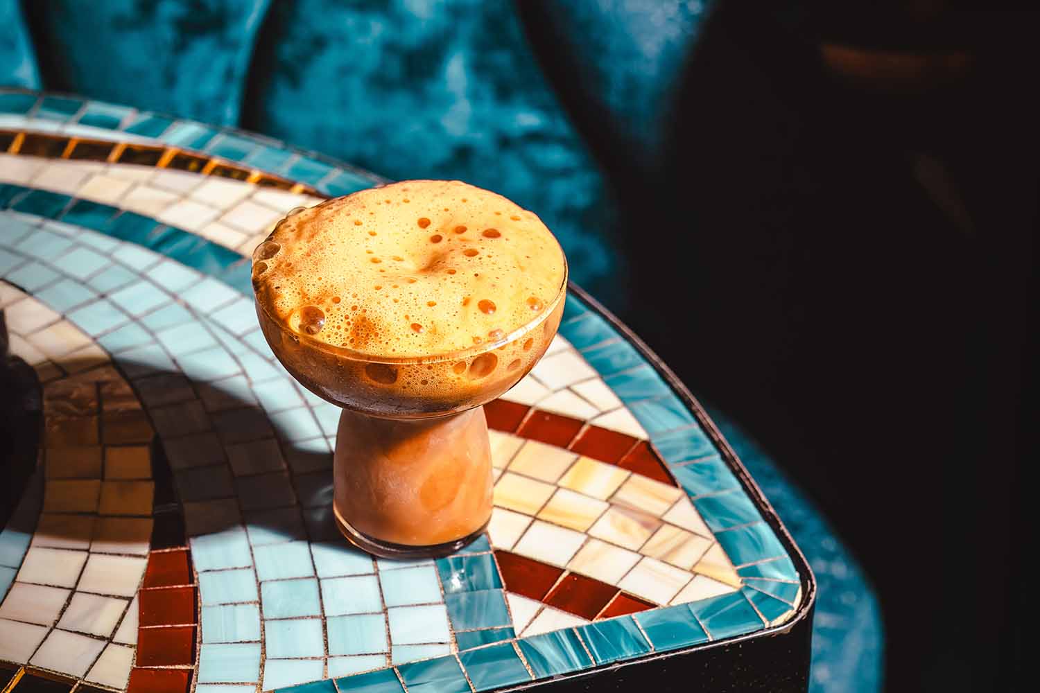 IMO Flip at Shinji's, a dessert style cocktail in the form of the flip featuring Jamaican rum infused with fenugreek where reduced sweet potato juice takes the place of egg