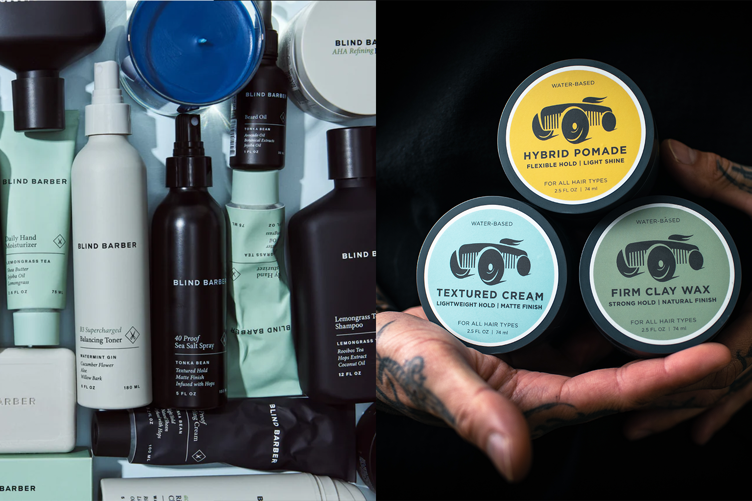 Men's grooming products from the Blind Barber (left) and Brightside (right)