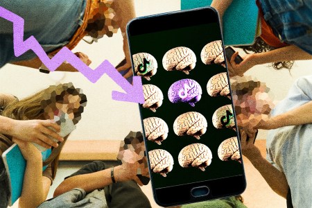 A collage of Gen Z students on their phones with a phone graphic in front showing the TikTok logo on brains
