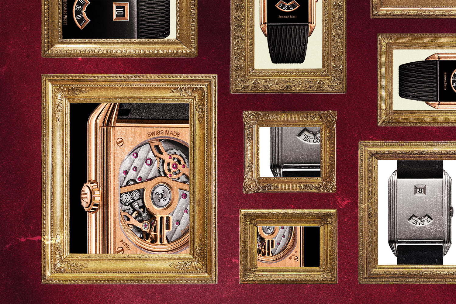 A collage of the Audemars Piguet Neo Frame Jumping Hour, featuring photos of the watch inside picture frames