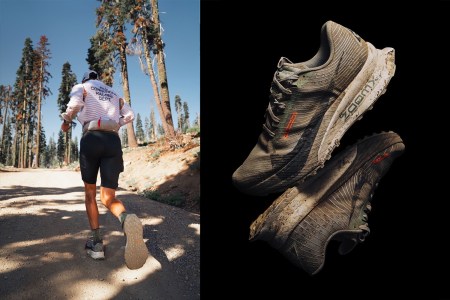 A split image with lifestyle shot and product shot for Nike ACG Ultrafly Trail.