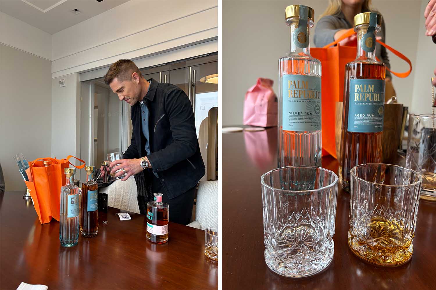 Eric Winter making cocktails; close-up of Palm Republic bottles and the rum