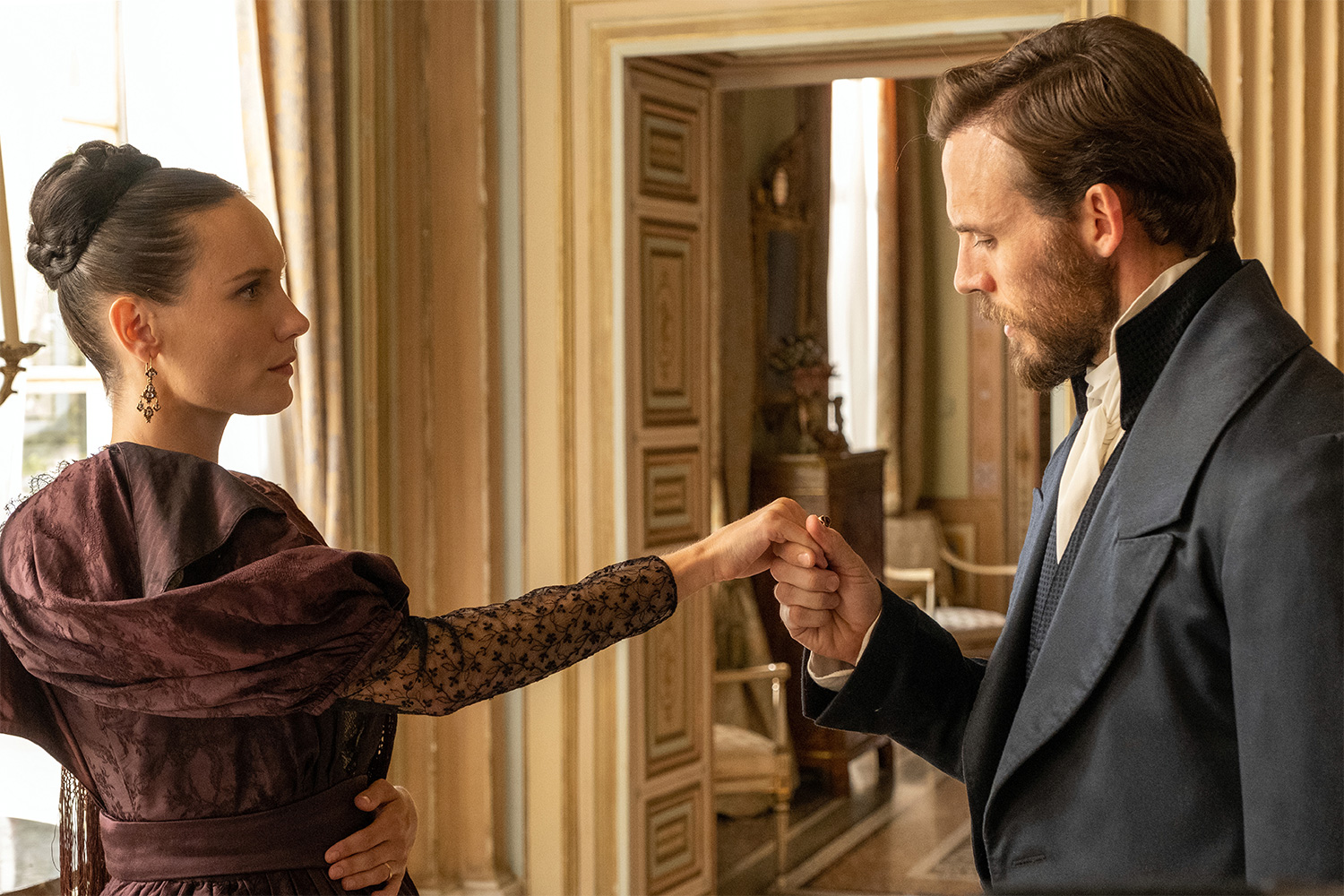 Ana Girardot as Mercédès Herrer and Sam Claflin as Edmond Dantès in the Masterpiece on PBS series "The Count of Monte Cristo"