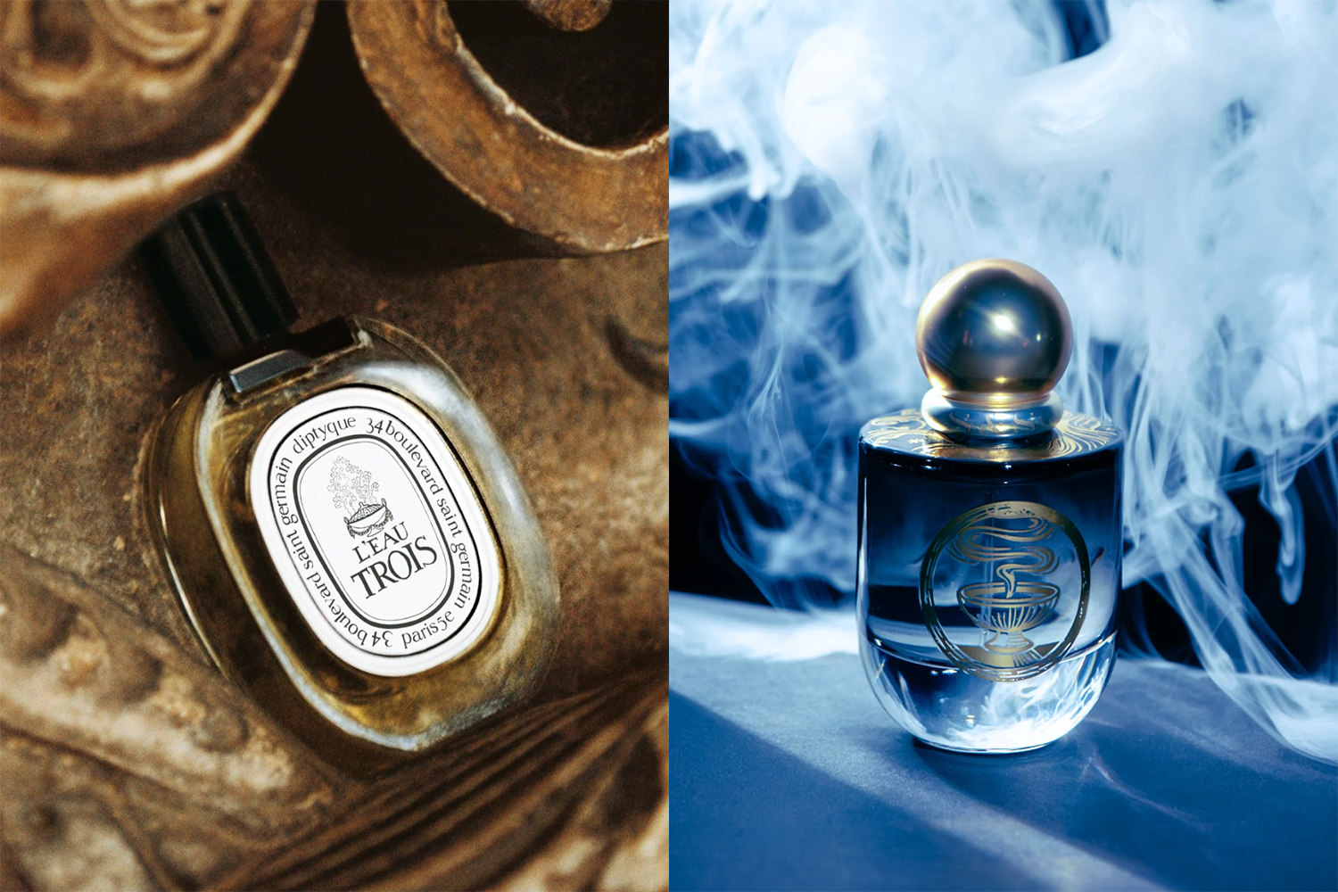 Diptyque L’Eau Trois and Sage & Salt Sacred Ember, two of the best incense colognes for men