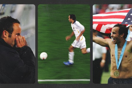 A triptych of Landon Donovan running with a soccer ball, holding his head in his hands, and celebrating with the American flag.
