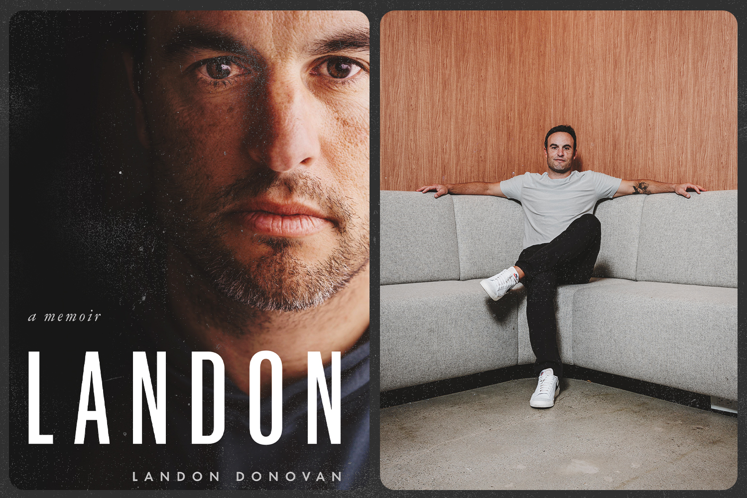 A side-by-side image of Landon Donovan's new book and an author photoshoot.