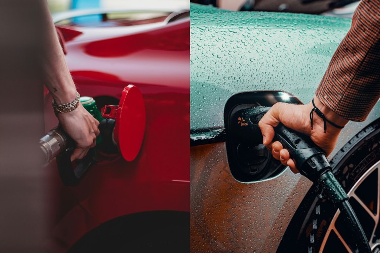 A person pumping gasoline into a gas-powered car next to a person charging an electric vehicle