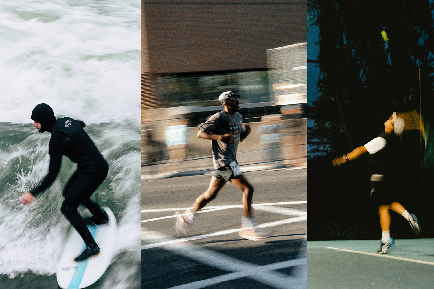 A triptych depicting a surfer, a runner and a tennis player.
