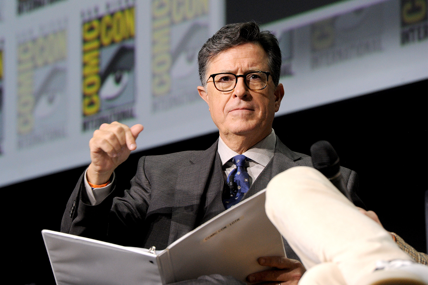 Stephen Colbert moderates a panel about "The Lord of the Rings: The Rings of Power" at Comic-Con in San Diego on July 22, 2022.