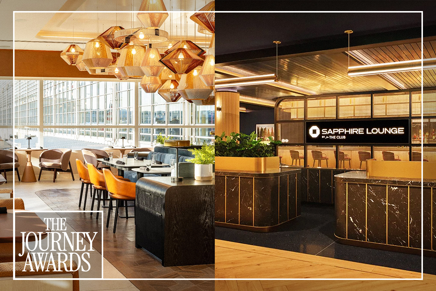 Two airport lounge interiors stitched together, showing different styles of premium club lounge spaces.
