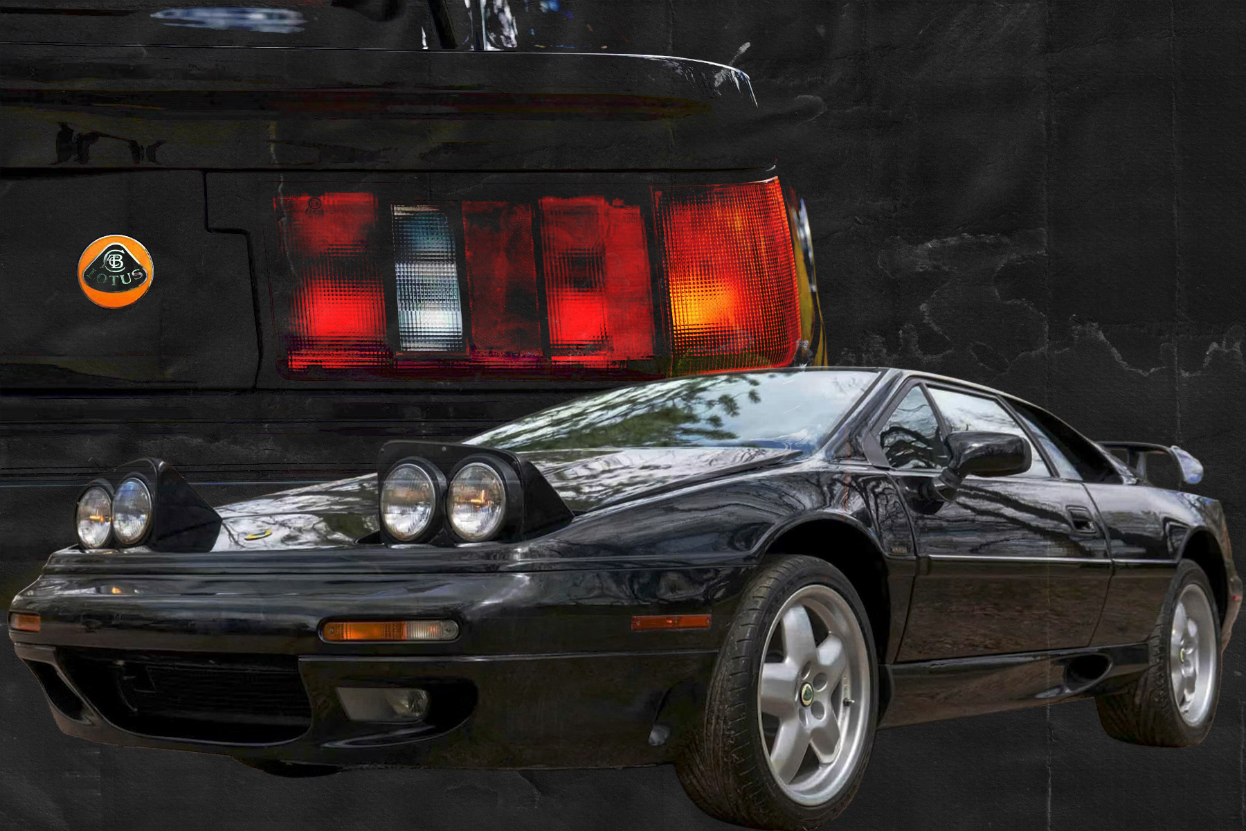 A black car in the foreground with a red, white and orange taillight behind it