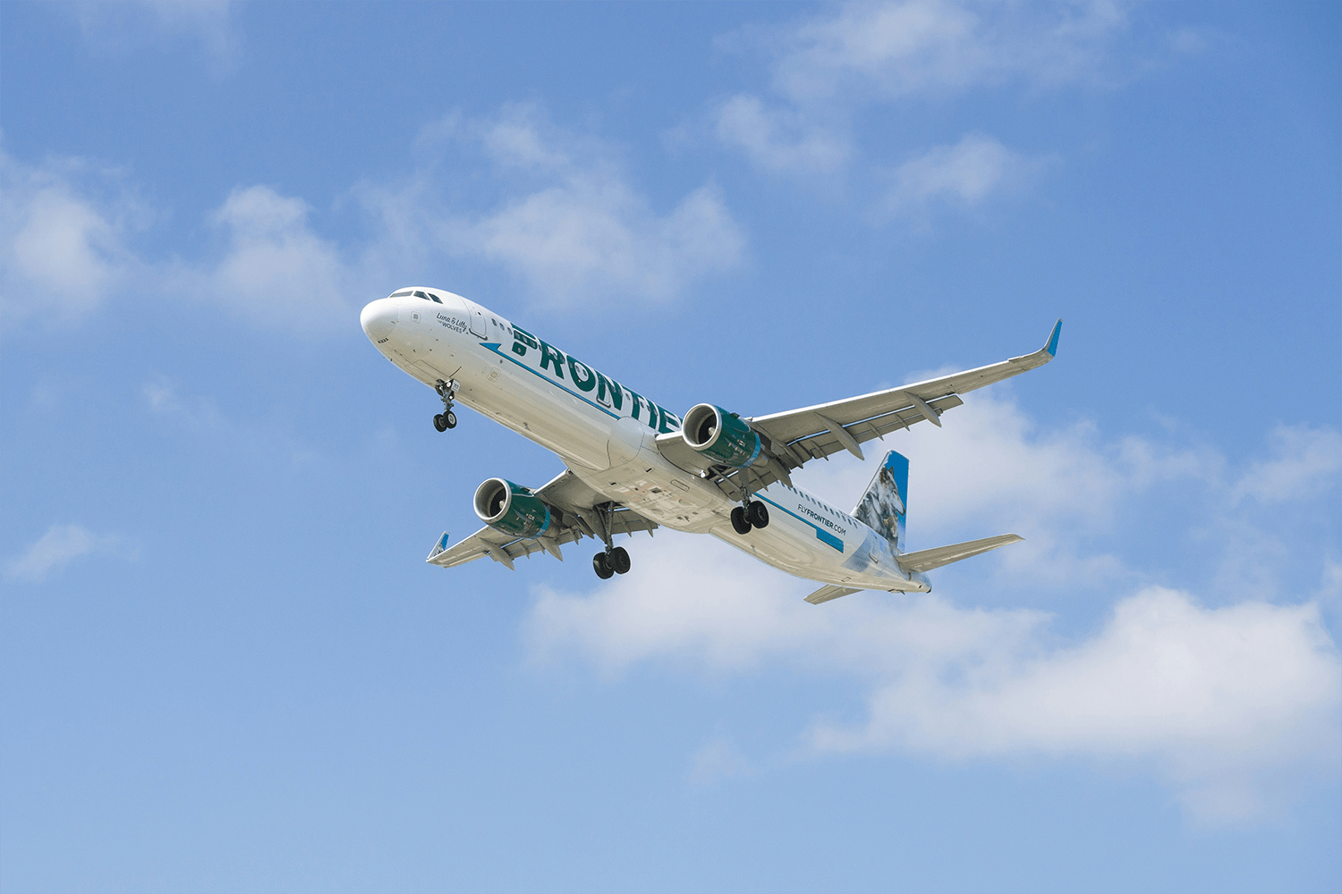 A Frontier Airlines aircraft in flight, featuring the airline's distinctive white livery with a colorful animal tail fin.