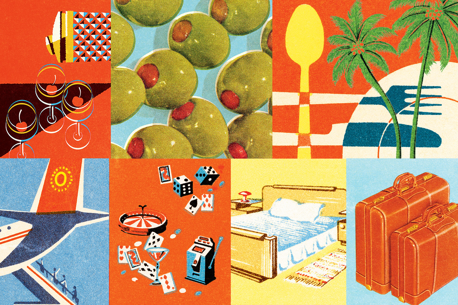 a illustration of vegas things like cards, cocktails, olives, an airplane and suitcases
