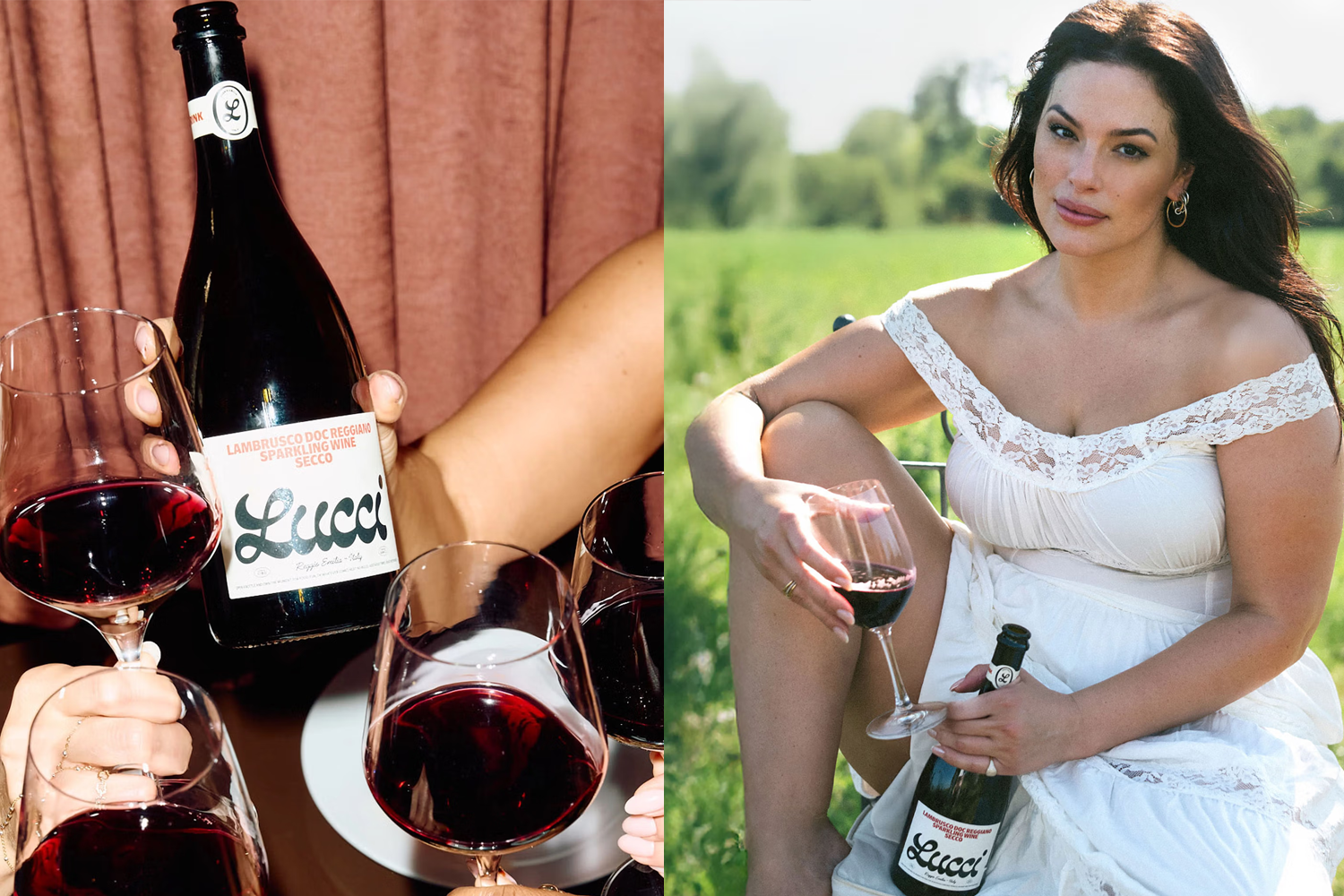 Model Ashley Graham with a bottle of Lucci. 