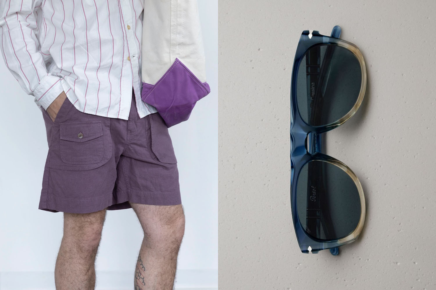 A split image of a model in purple shorts and a pair of Persol sunglasses.