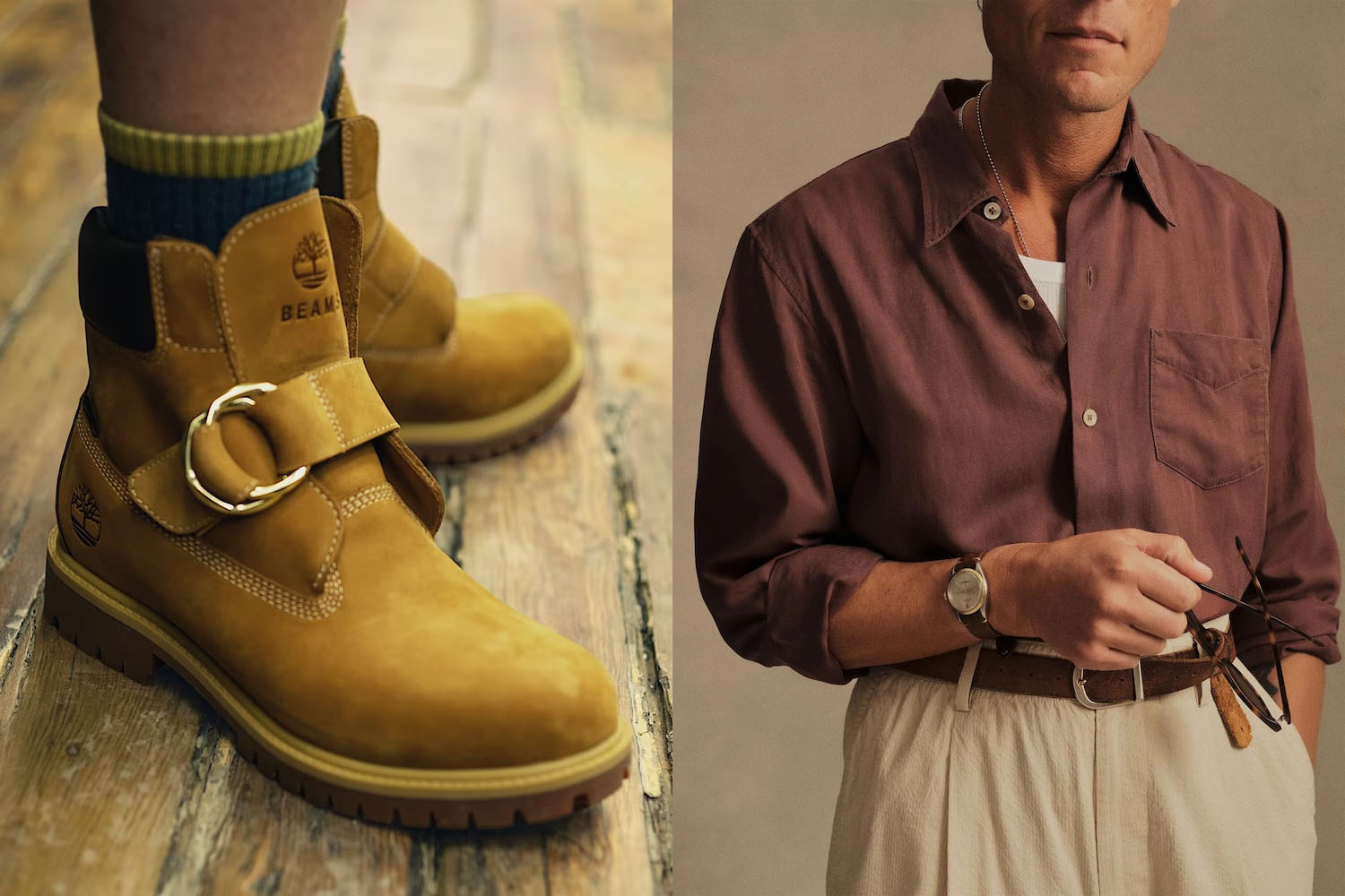 A split image of a timberland boot and a model in a burgundy shirt