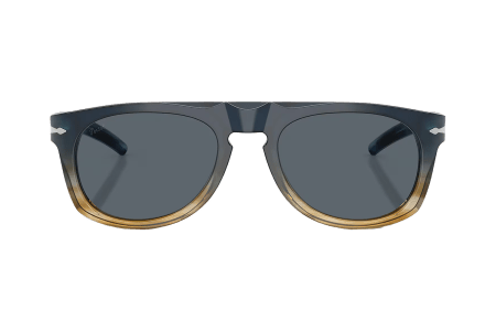 A split image of a model in purple shorts and a pair of Persol sunglasses.