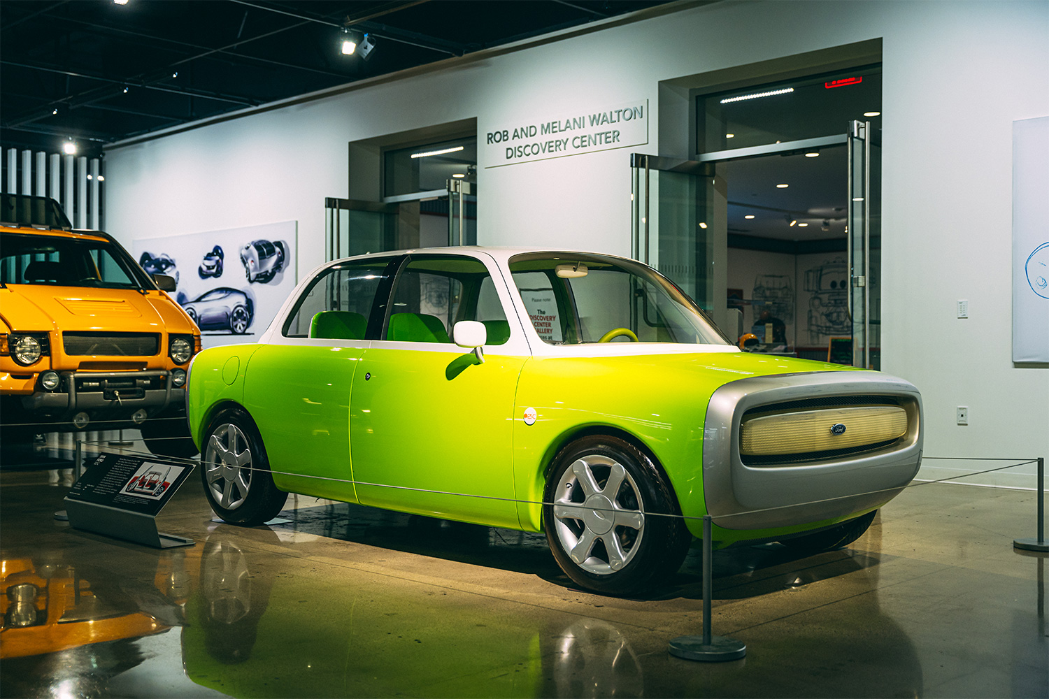 The 1999 Ford 021C concept car designed by Marc Newson displayed at the Petersen Automotive Museum in Los Angeles