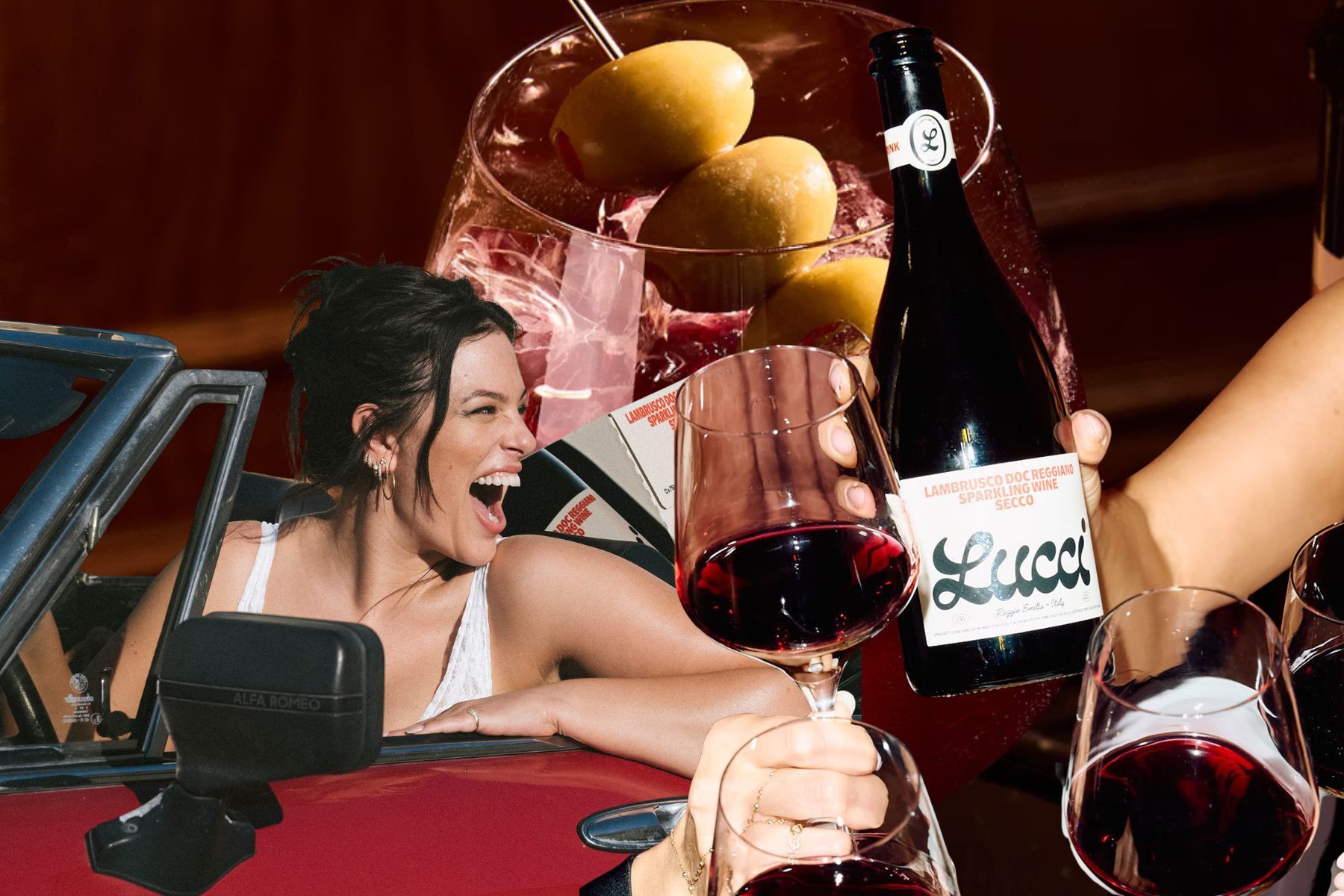 Ashley Graham, a martini and a glass of Labrusco